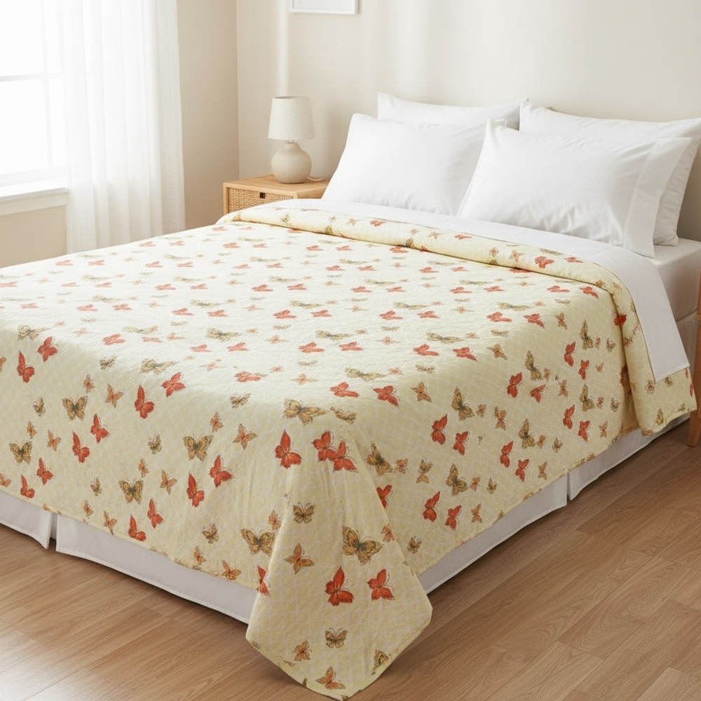 Vtg‎ 70s Butterflies King Blanket Bedspread Orange Yellow Lattice 1 80"x82" MCM
